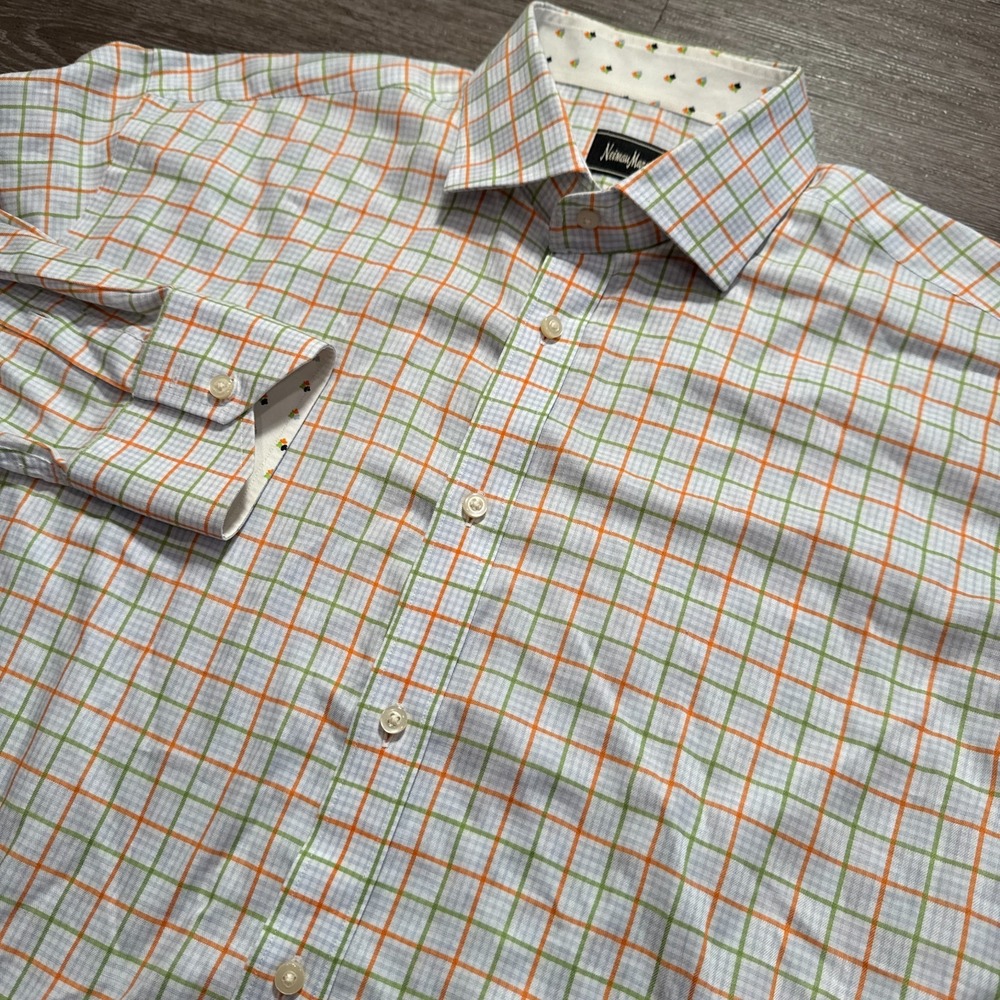 Neiman Marcus Shirt Mens XL Windowpane Dress Long Sleeve Button Up Front‎ Plaid